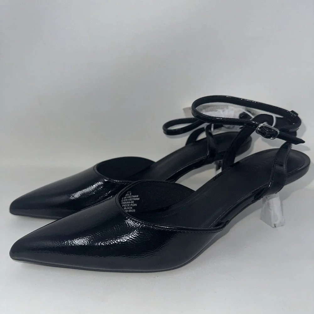 New Black‎ Patent Leather Pointed Ankle Strap Kitten Heels Pumps Size 7 1/2